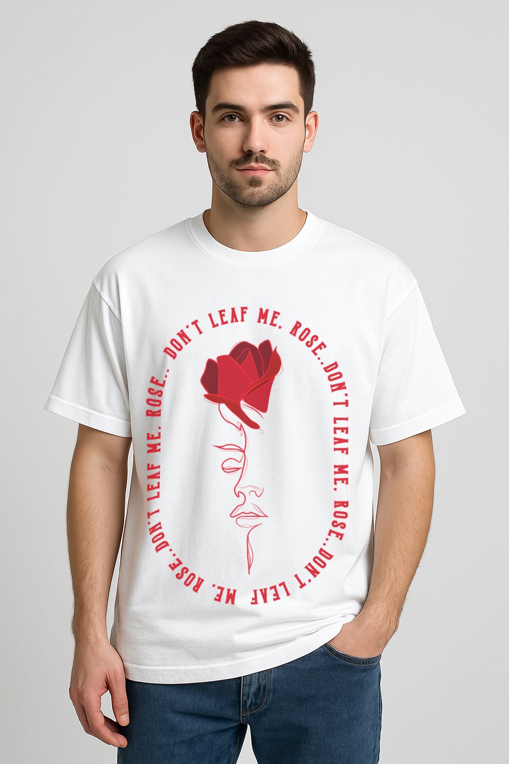 White oversized cotton tee with red rose and abstract face line art, "Don’t Leaf Me Rose", streetwear style