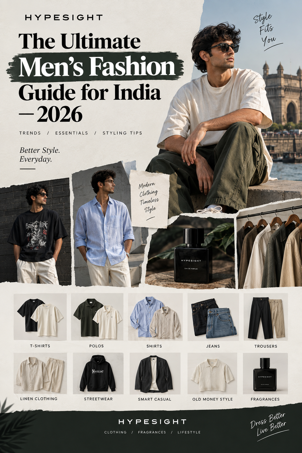The Ultimate Men's Fashion Guide for India 2026 featuring modern men's clothing, T-shirts, polos, shirts, jeans, trousers, linen clothing, streetwear, smart casual style and fragrances