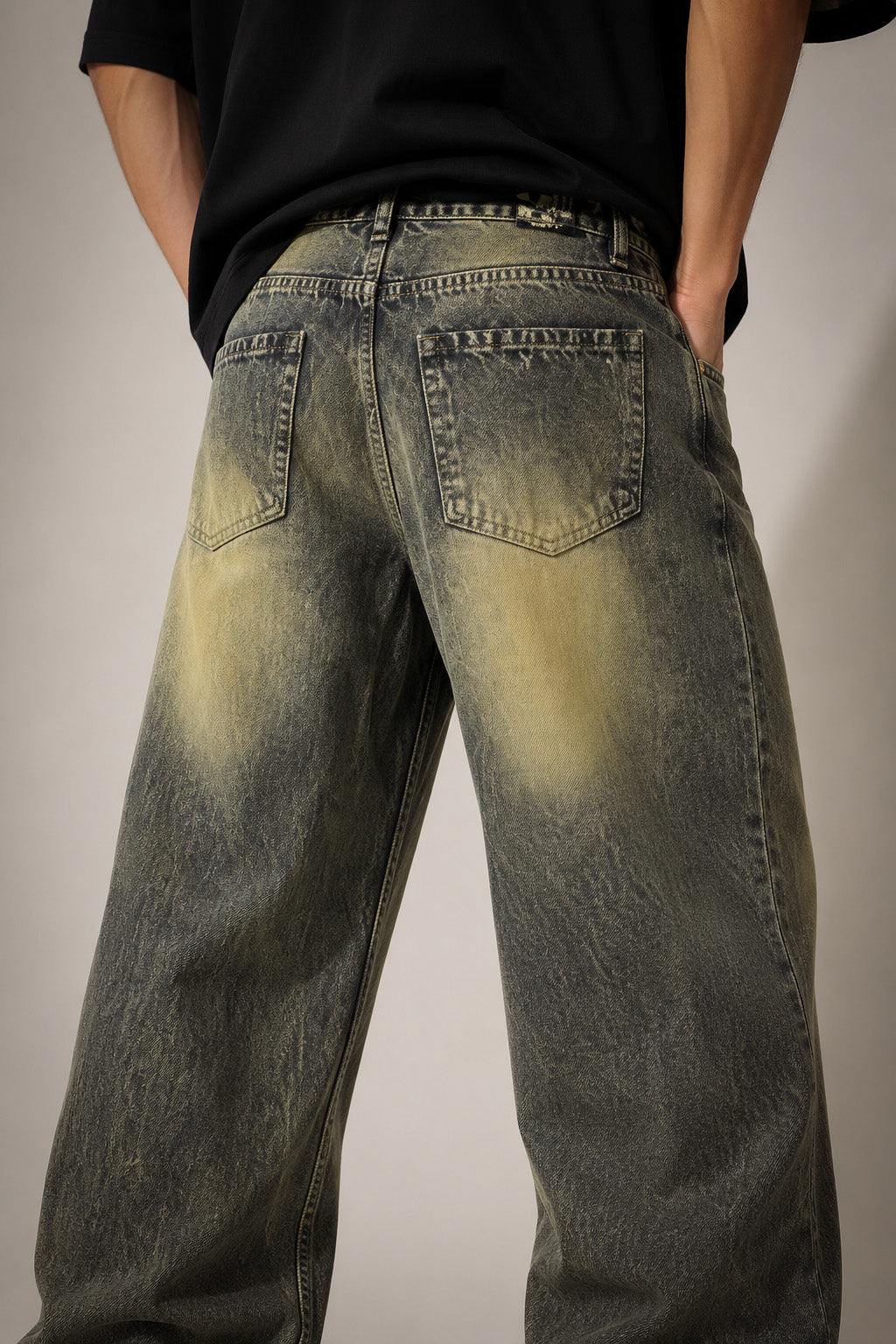 Premium Green Whisker Wash Baggy Denim Jeans for Men | Loose Fit Streetwear Jeans
