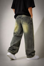 Premium Green Whisker Wash Baggy Denim Jeans for Men | Loose Fit Streetwear Jeans