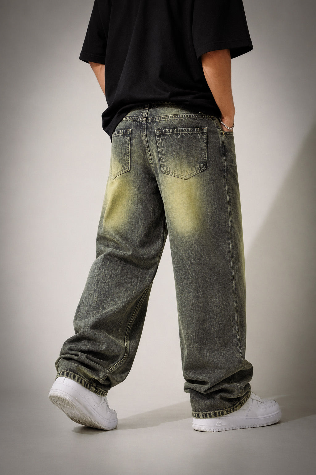 Premium Green Whisker Wash Baggy Denim Jeans for Men | Loose Fit Streetwear Jeans