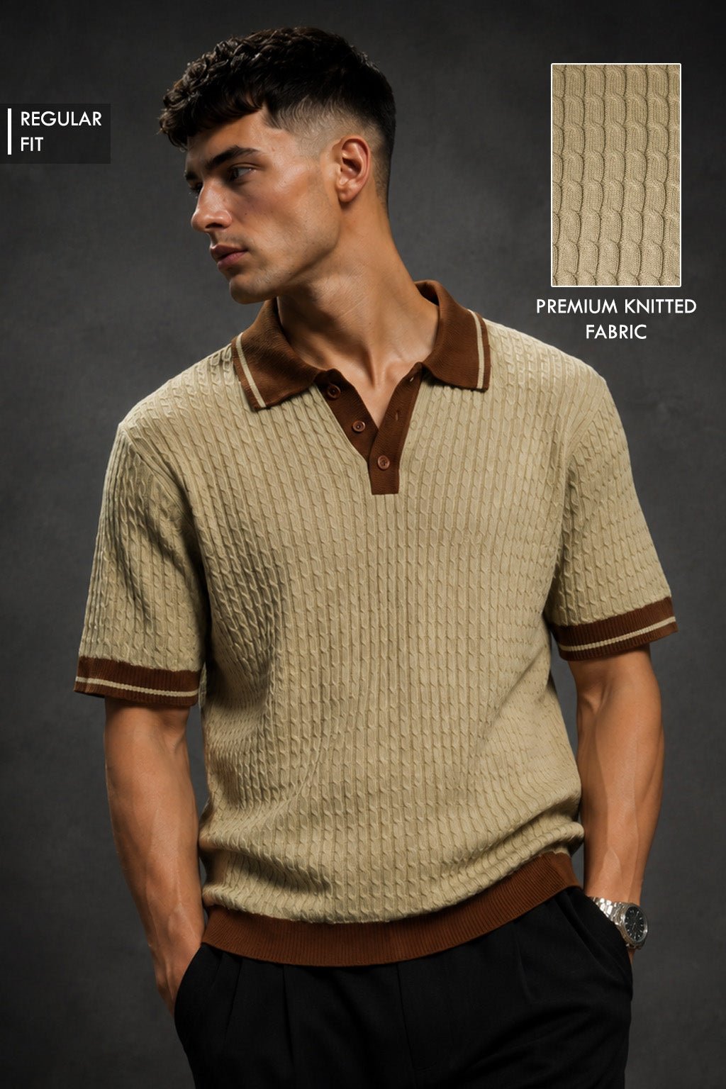 A man wearing a beige and brown short-sleeve knit polo shirt with a textured cable pattern, shown against a dark gray studio background. Text overlays indicate 'REGULAR FIT' and 'PREMIUM KNITTED FABRIC' with a fabric swatch inset.