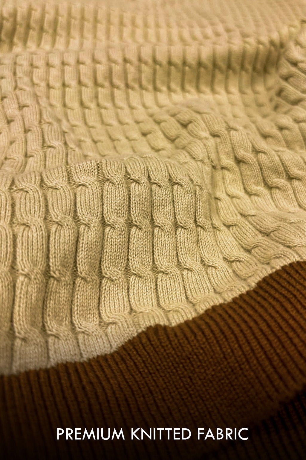 Close-up of a cream and brown premium knitted fabric with textured cable and ribbed patterns, with the text 'PREMIUM KNITTED FABRIC' at the bottom.