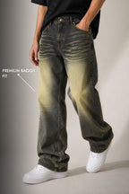Premium Green Whisker Wash Baggy Denim Jeans for Men | Loose Fit Streetwear Jeans