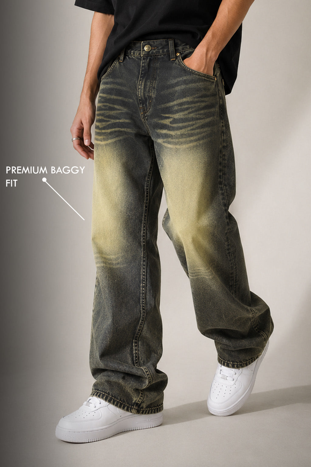 Premium Green Whisker Wash Baggy Denim Jeans for Men | Loose Fit Streetwear Jeans
