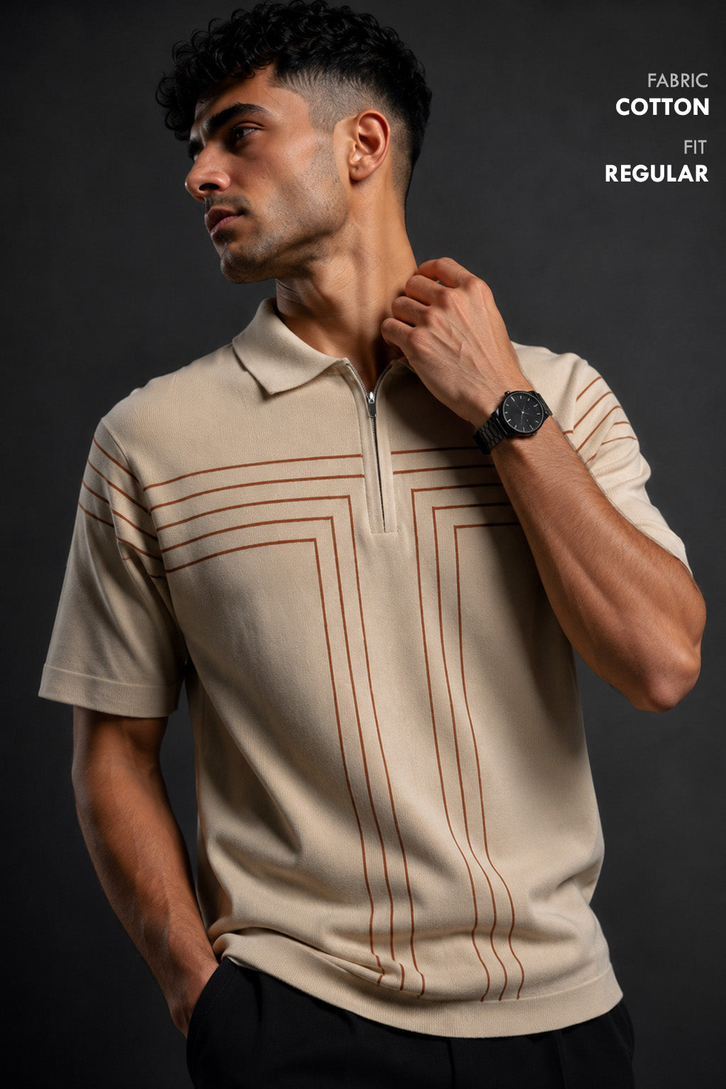 Premium Beige Striped Polo T Shirt for Men | Classic Old Money Cotton Polo
