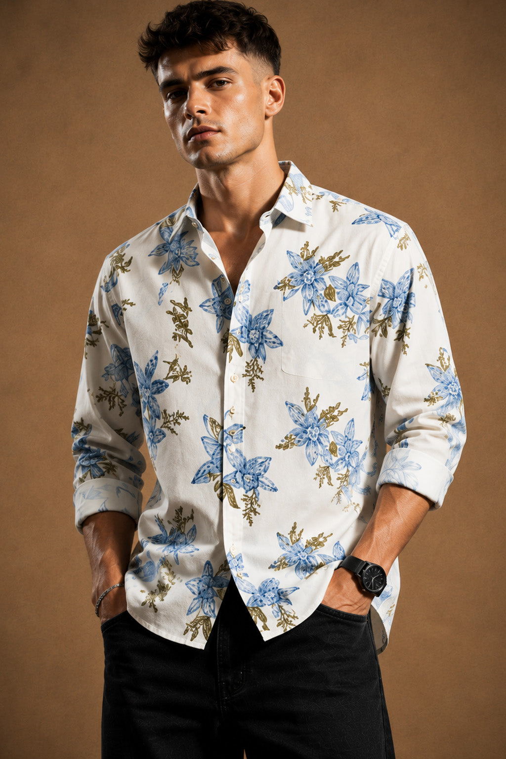 Premium White Floral Printed Cotton Shirt for Men | Full Sleeve Casual & Party Wear Shirt