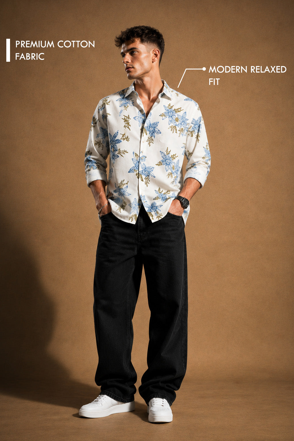 Premium White Floral Printed Cotton Shirt for Men | Full Sleeve Casual & Party Wear Shirt
