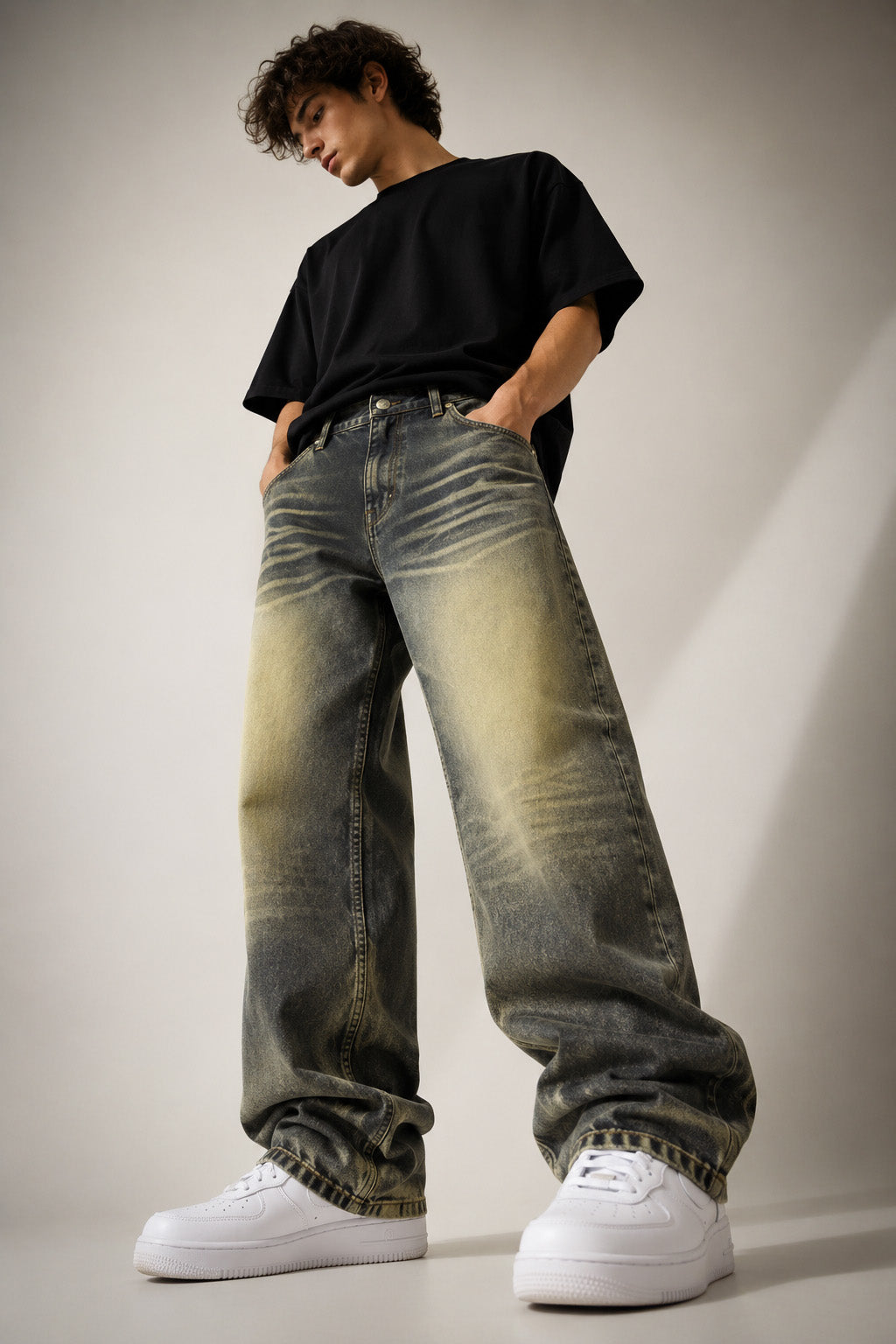 Premium Green Whisker Wash Baggy Denim Jeans for Men | Loose Fit Streetwear Jeans