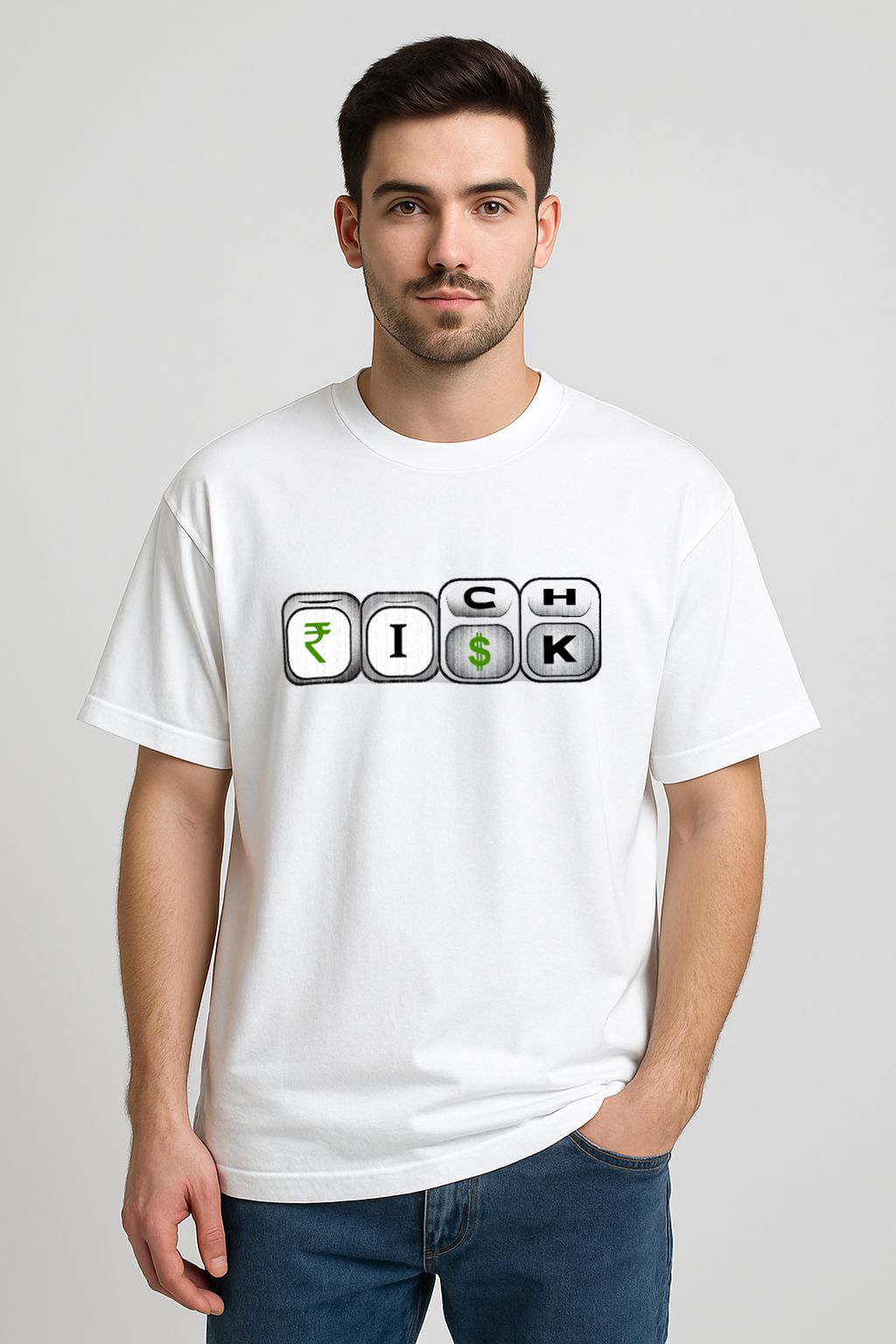 Trendy t-shirt with Risk Rich slogan printed across the chest