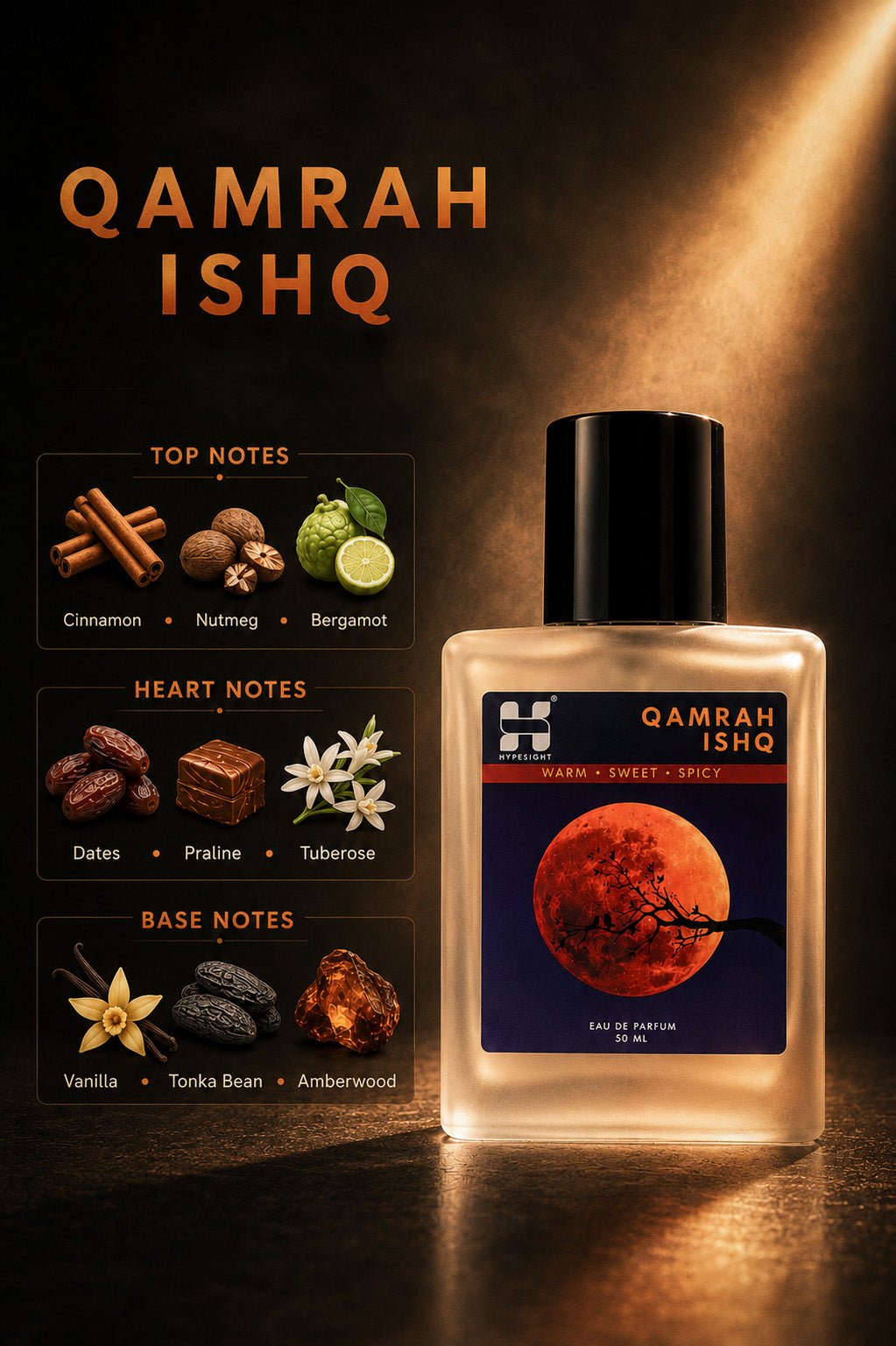 A bottle of Qamrah Ishq fragrance shown on a dark reflective surface with a glowing spotlight effect. The bottle is frosted and reveals a warm amber liquid, with a black cap and a label featuring a red-orange moon graphic.