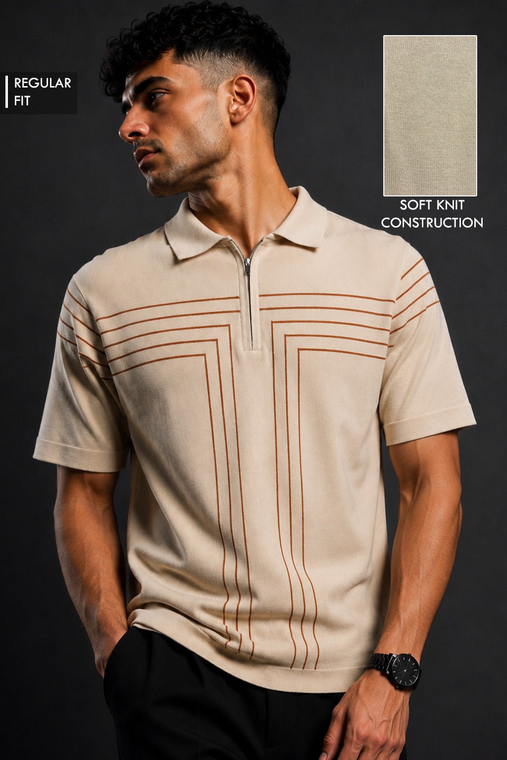 A man wearing a beige short-sleeve polo shirt with a half-zip collar and geometric brown stripe patterns on the chest. The image includes a 'REGULAR FIT' label, a 'SOFT KNIT CONSTRUCTION' inset showing the fabric texture, and black pants against a dark studio background.