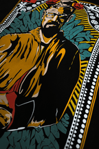 Colorful illustration of a person with glasses and a beard on a decorative background