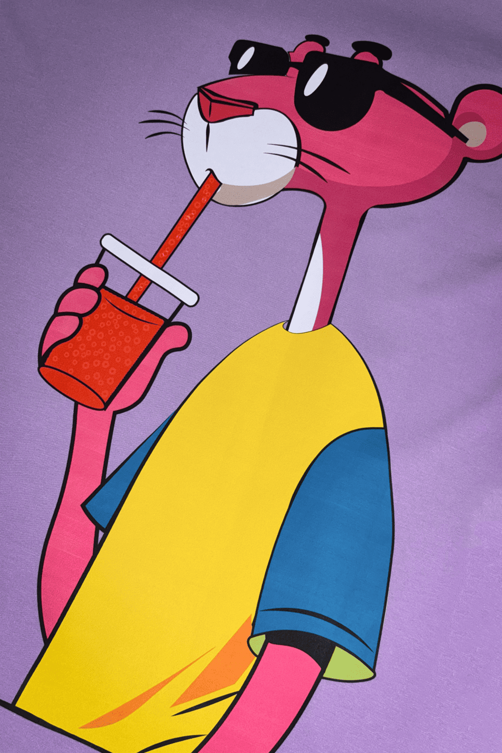 Cartoon character drinking from a red cup with a straw on a purple background