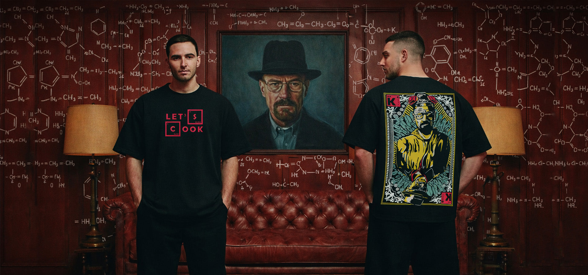 Two men wearing black t-shirts with graphic designs in a room with a painting of a man in a hat.