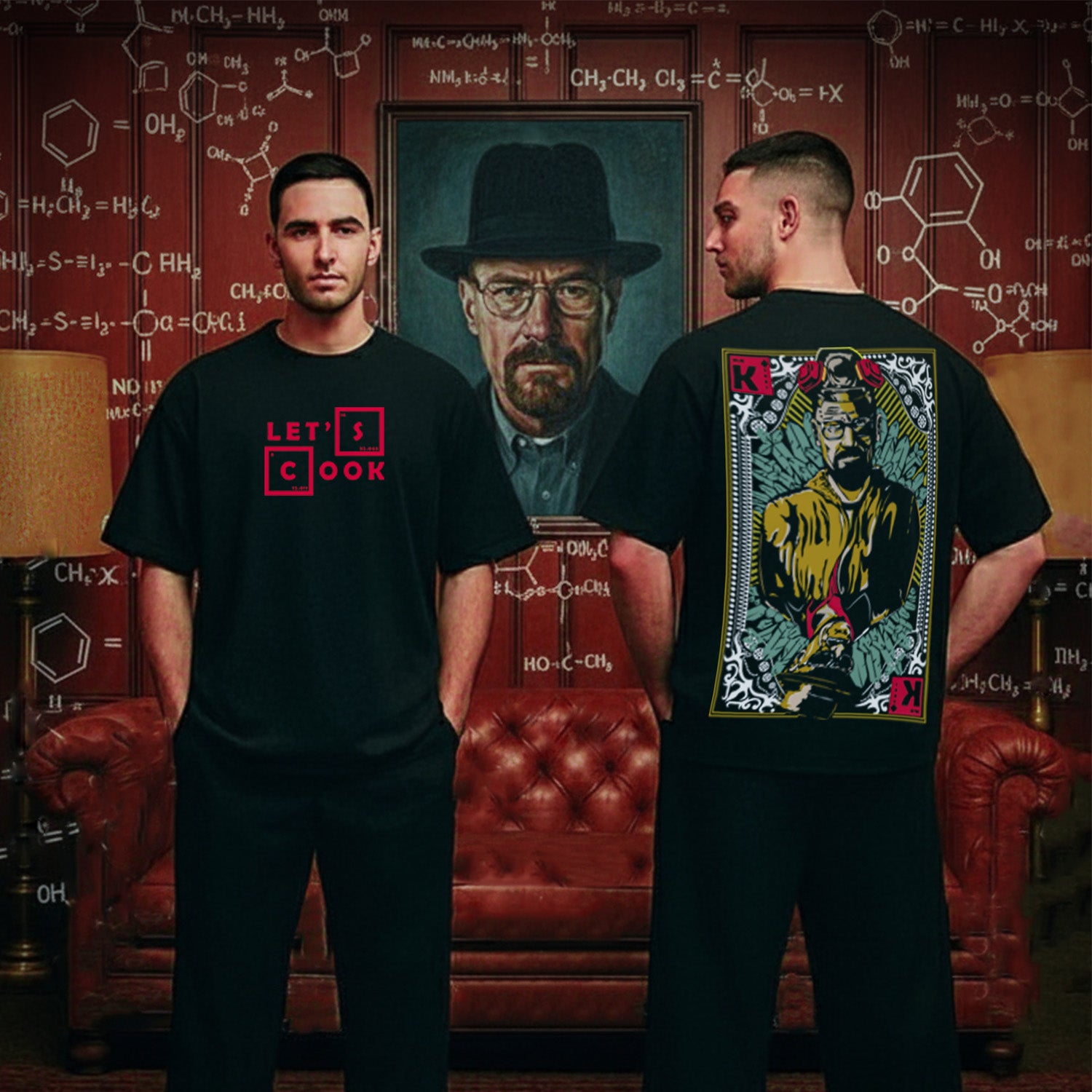 Two men wearing black t-shirts with graphic designs in a room with a painting of a character in a hat.