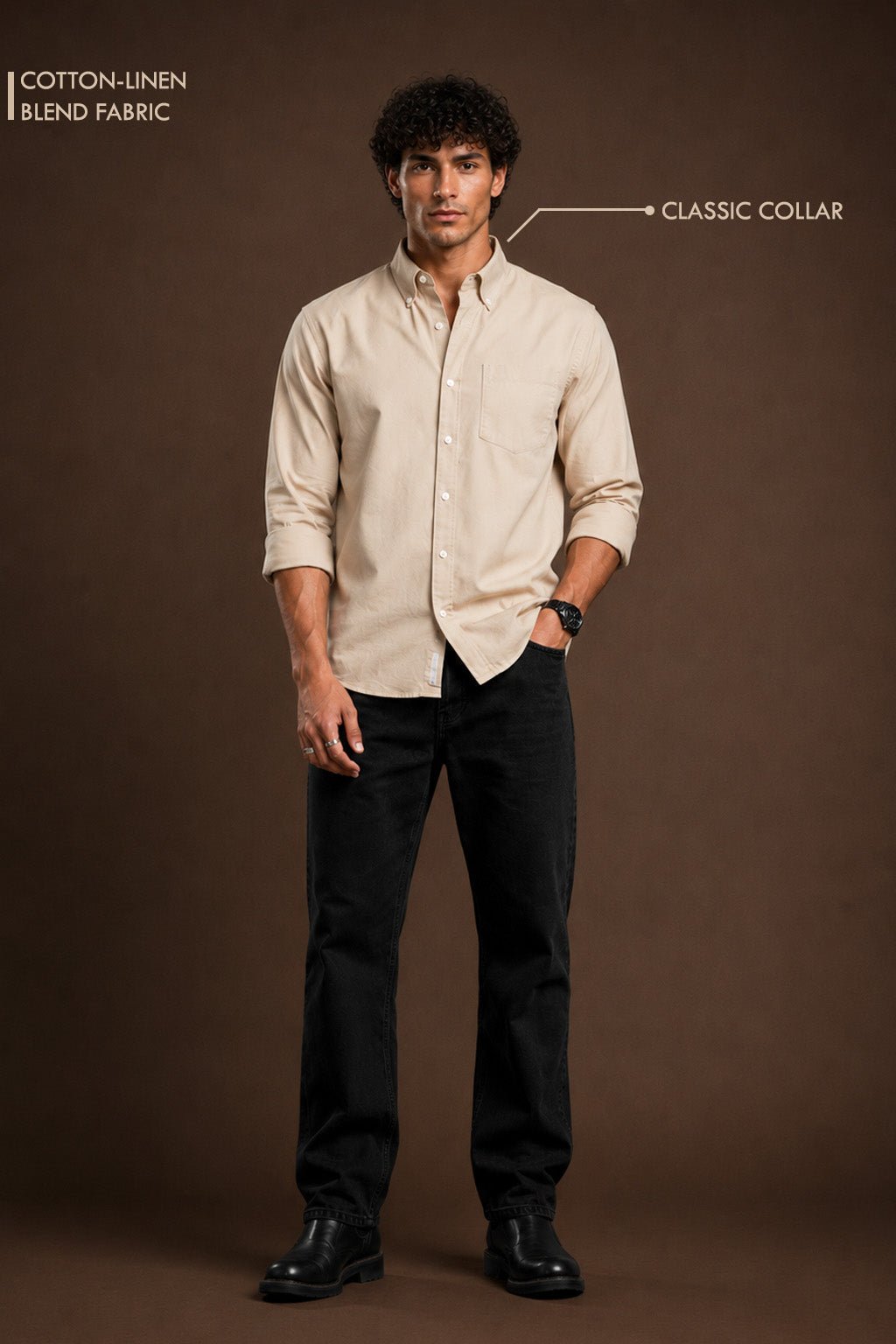 A man stands against a brown studio background wearing a light beige long-sleeve button-up shirt with a classic collar and dark pants. Text in the upper left reads 'COTTON-LINEN BLEND FABRIC' and text on the right points to the collar with 'CLASSIC COLLAR'.