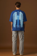 Angel Wings and Sword Oversized Blue T-Shirt | Aesthetic Streetwear Baggy Fit Graphic Tee  Back Print
