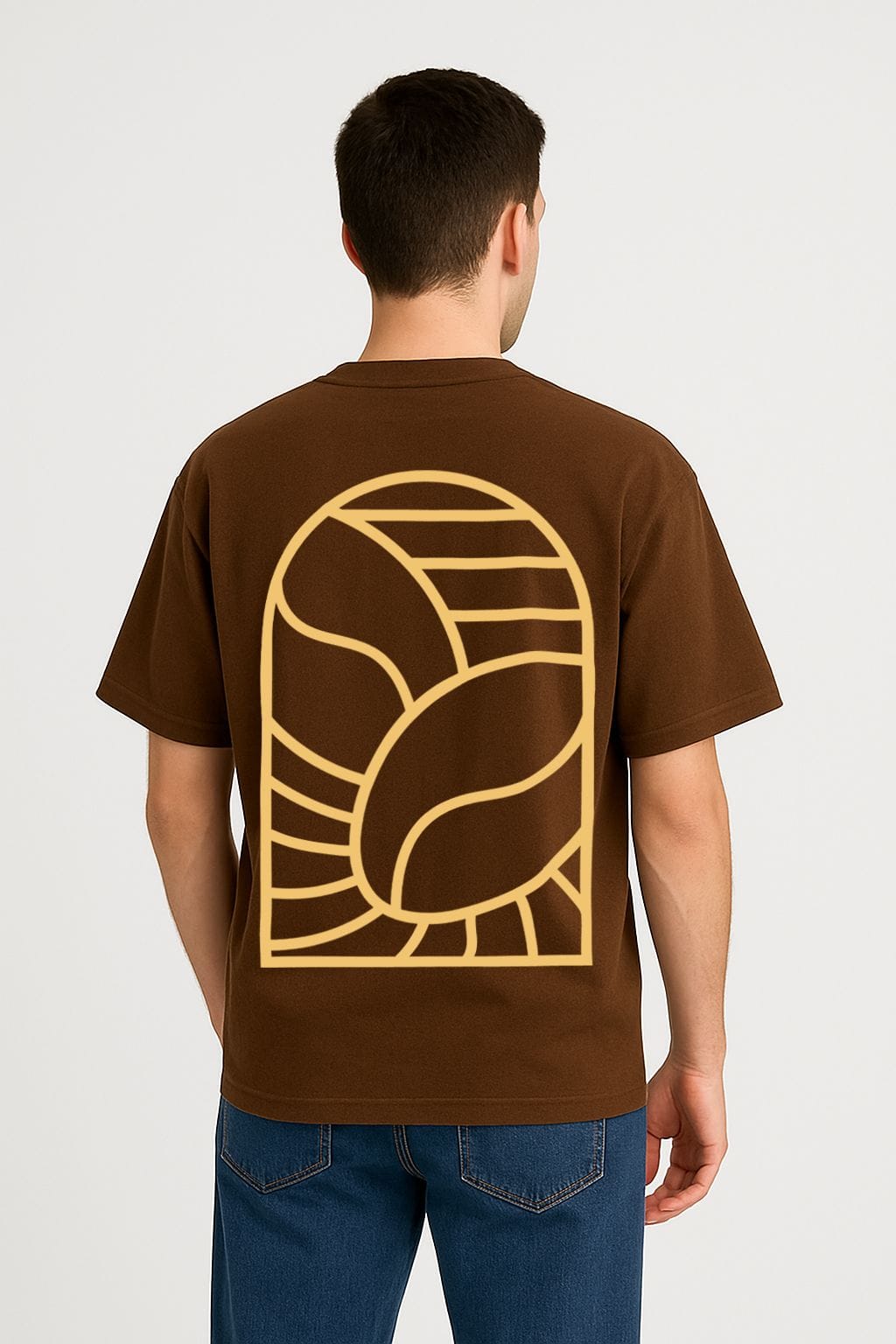 Streetwear oversized t-shirt featuring creative coffee-inspired graphic printed on the back