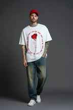 Front close-up of Don't Leaf Me Rose oversized white t-shirt featuring red rose graphic design by Hypesight