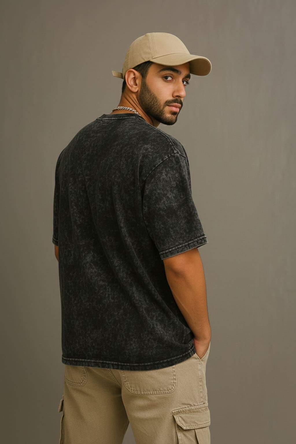 Back view of black acid wash French terry oversized t-shirt, 240 GSM heavyweight menswear