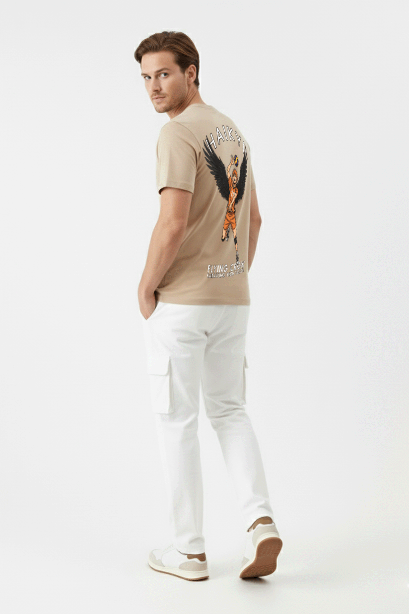 Haikyuu Flying Crow t-shirt beige color with Hinata back print and wings design close-up