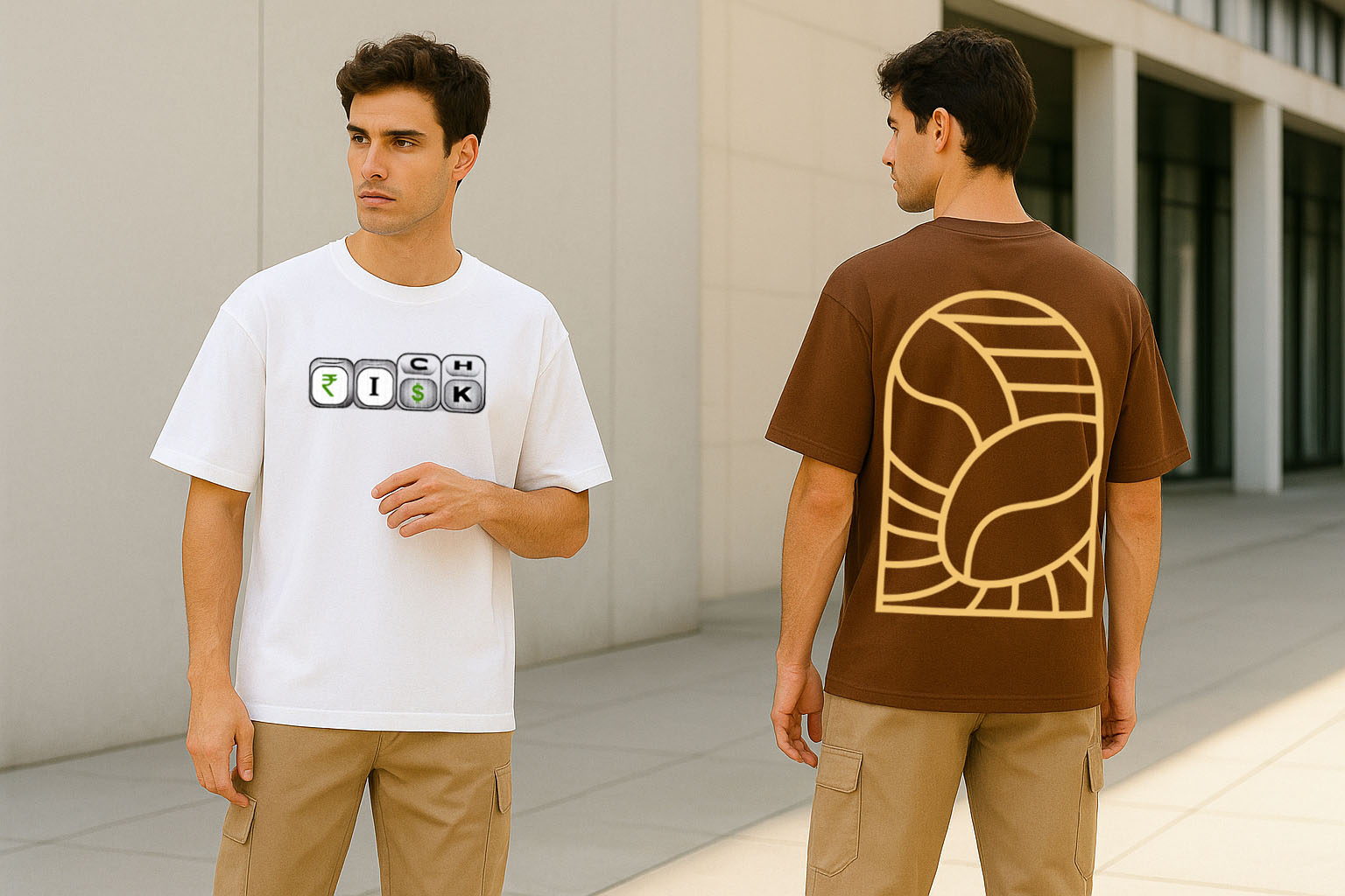 Hypesight lifestyle graphic t-shirts showcasing bold front and back designs in an urban outdoor setting