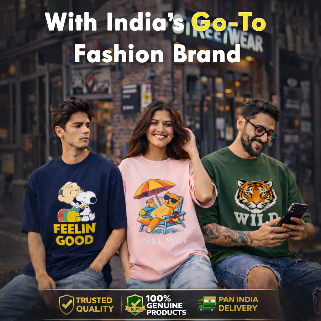 Three people wearing t-shirts with different designs in an urban setting, hypesight fashion brand.