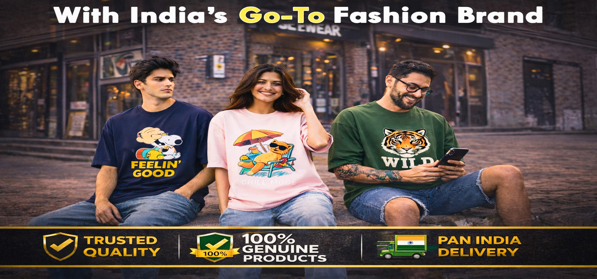 Three people sitting on a bench with hypesight  fashion brand in the background.