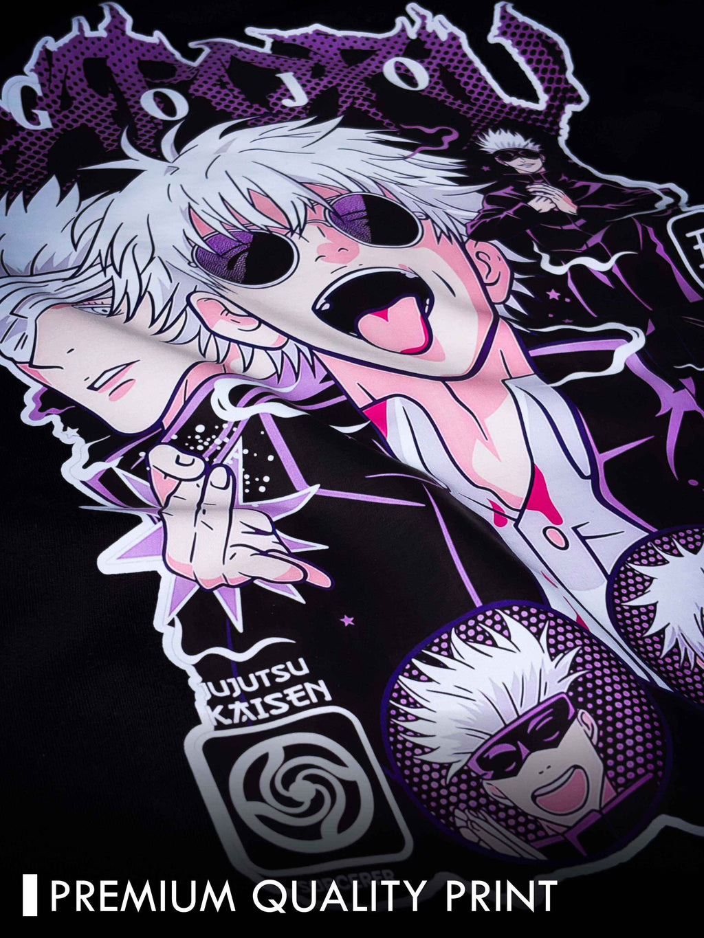 Illustration of a gojo character with white hair and a mask on a black background with 'Jujutsu Kaisen' branding.