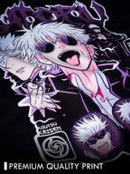 Illustration of a gojo character with white hair and a mask on a black background with 'Jujutsu Kaisen' branding.