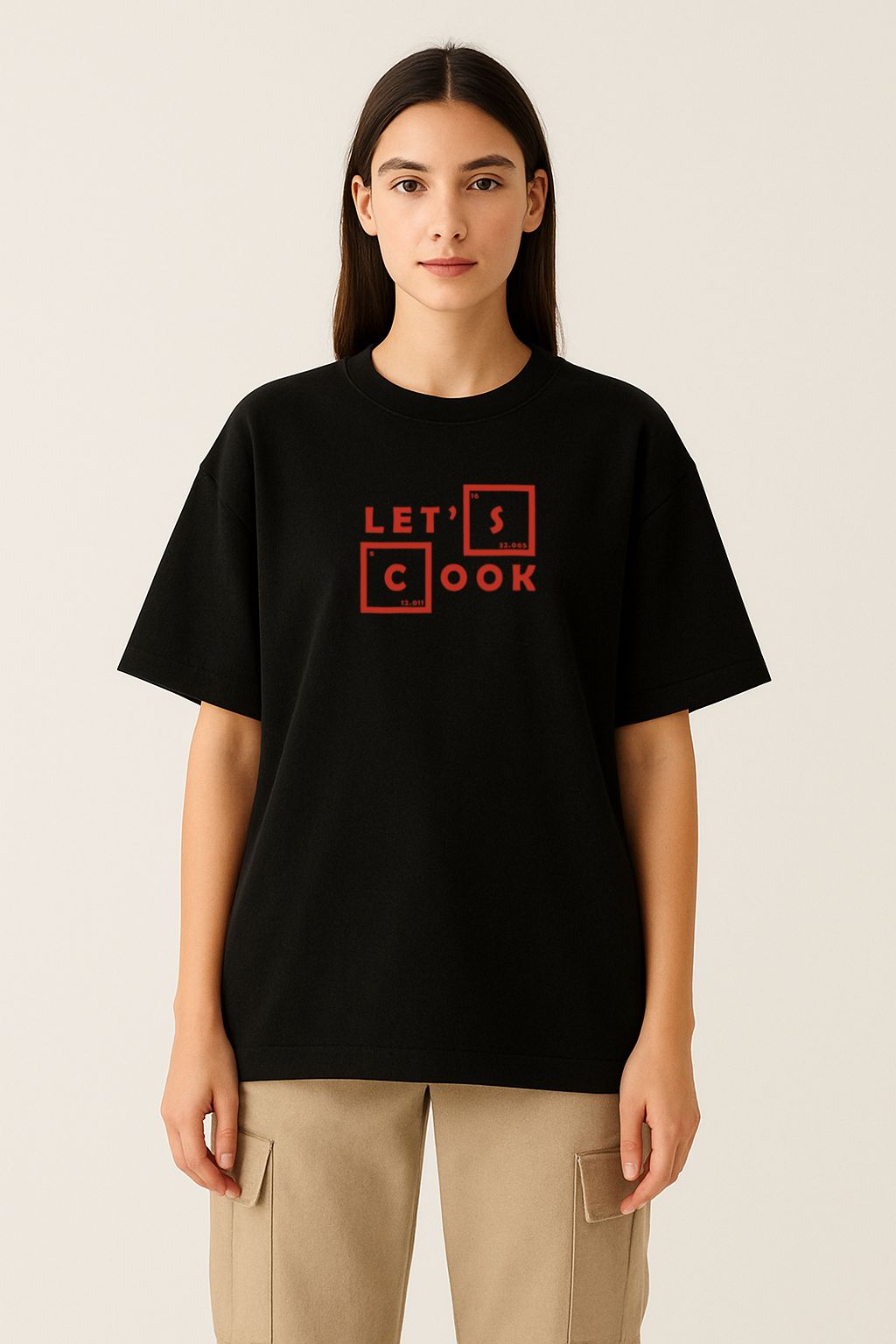 Oversized women’s cotton t-shirt with bold Let's Cook typography front print inspired by Breaking Bad Heisenberg