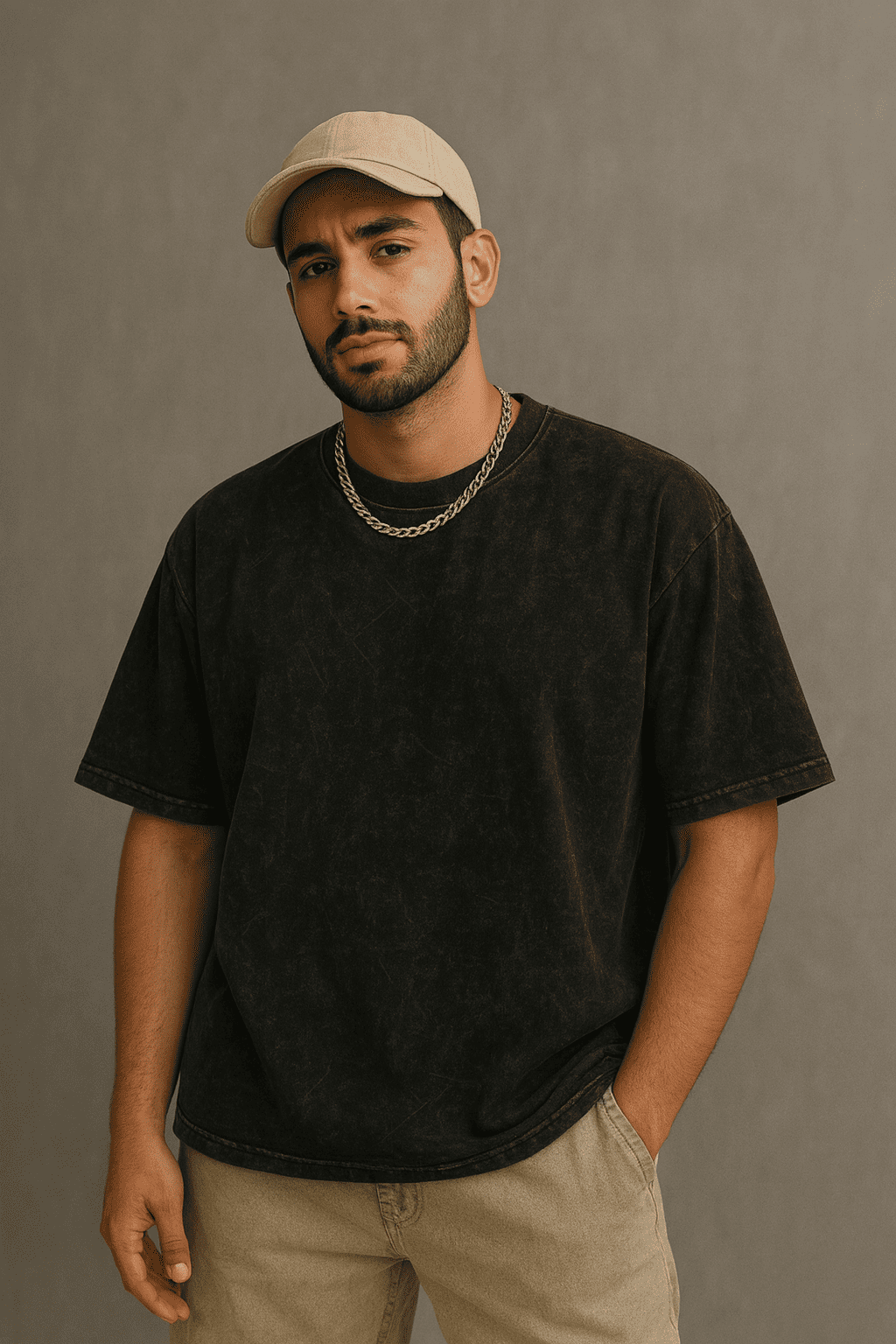 Man wearing a black acid wash oversized French terry t-shirt, 240 GSM heavyweight tee styled with a beige cap