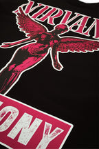 Black t-shirt with red and white graphic design featuring a winged figure and 'Nirvana' text.