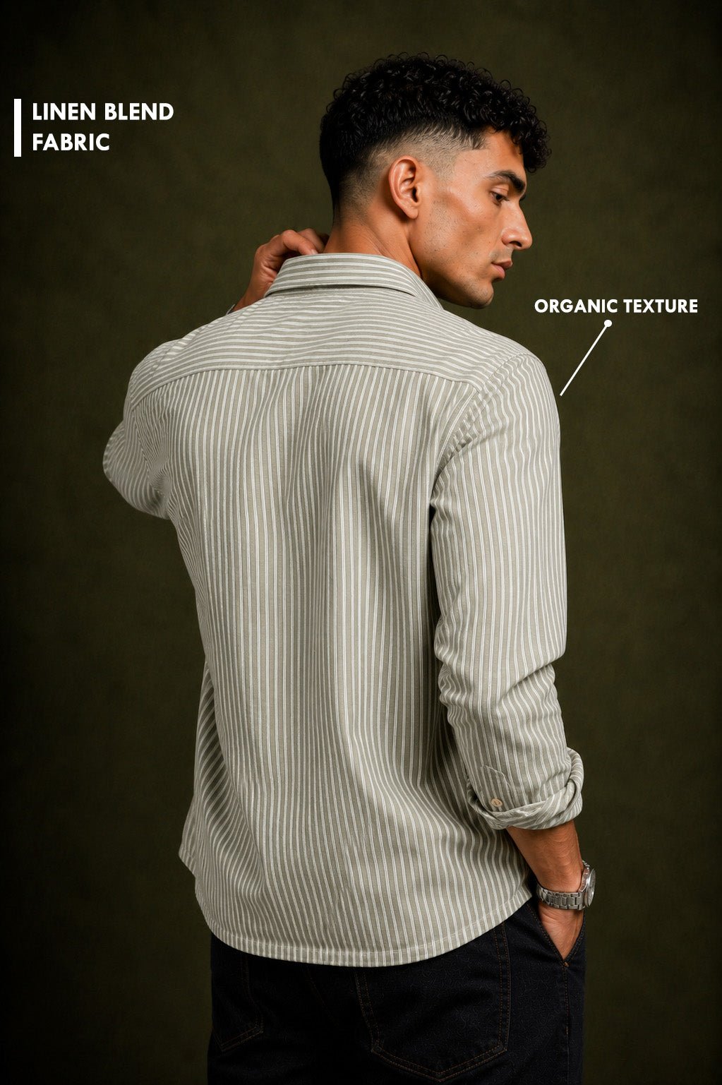 A man shown from the back wearing a light beige and white vertically striped linen shirt, with text overlays highlighting the fabric's organic texture.