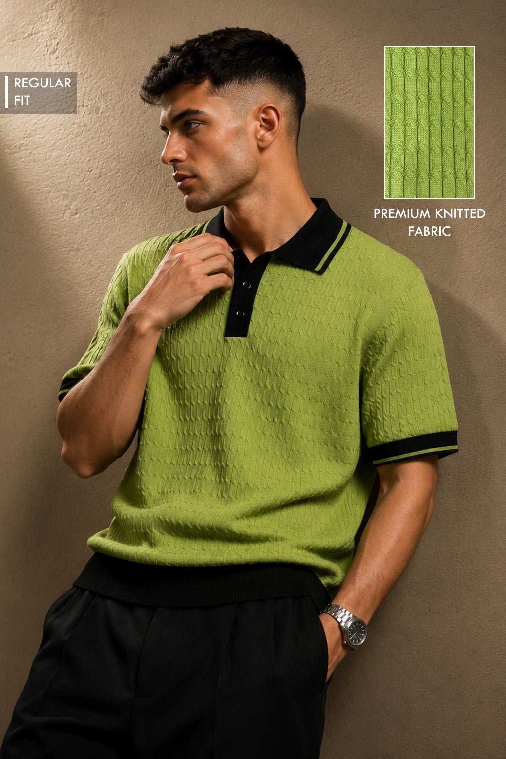 A man wearing a lime green textured knit polo shirt with black trim on the collar and sleeve cuffs, paired with black trousers. The image features a 'REGULAR FIT' label on the top left and a fabric swatch with 'PREMIUM KNITTED FABRIC' text on the top right, set against a textured beige wall.