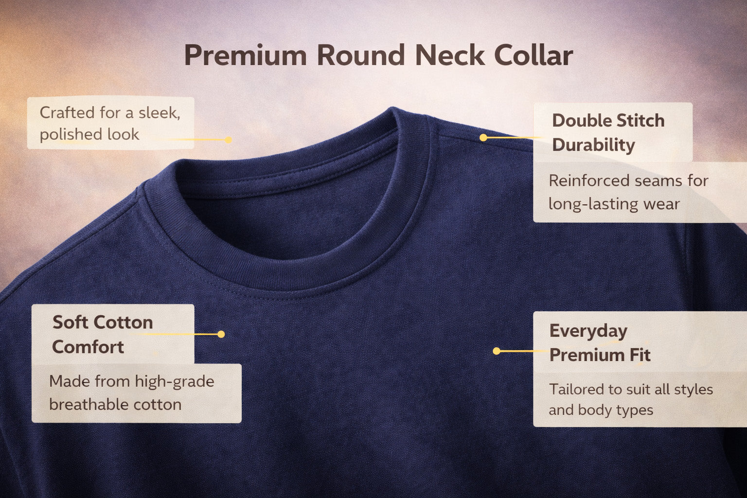 Navy blue shirt with text highlighting features like round neck collar, double stitch durability, soft cotton comfort, and everyday premium fit.