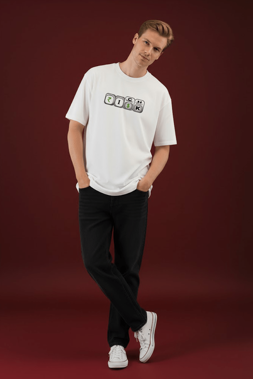 Full front view of Rich Risk white oversized T-shirt with ₹ and $ design print