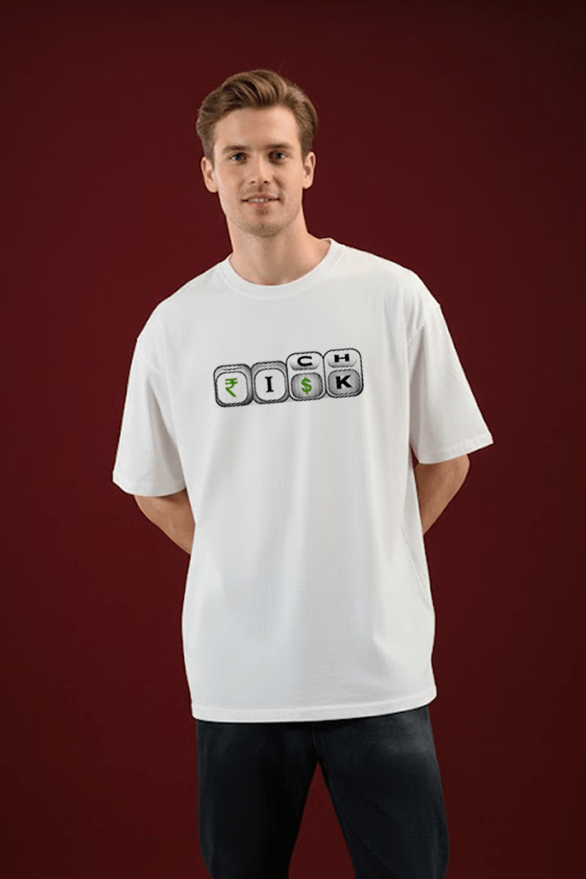 Trendy t-shirt with Risk Rich slogan printed across the chest