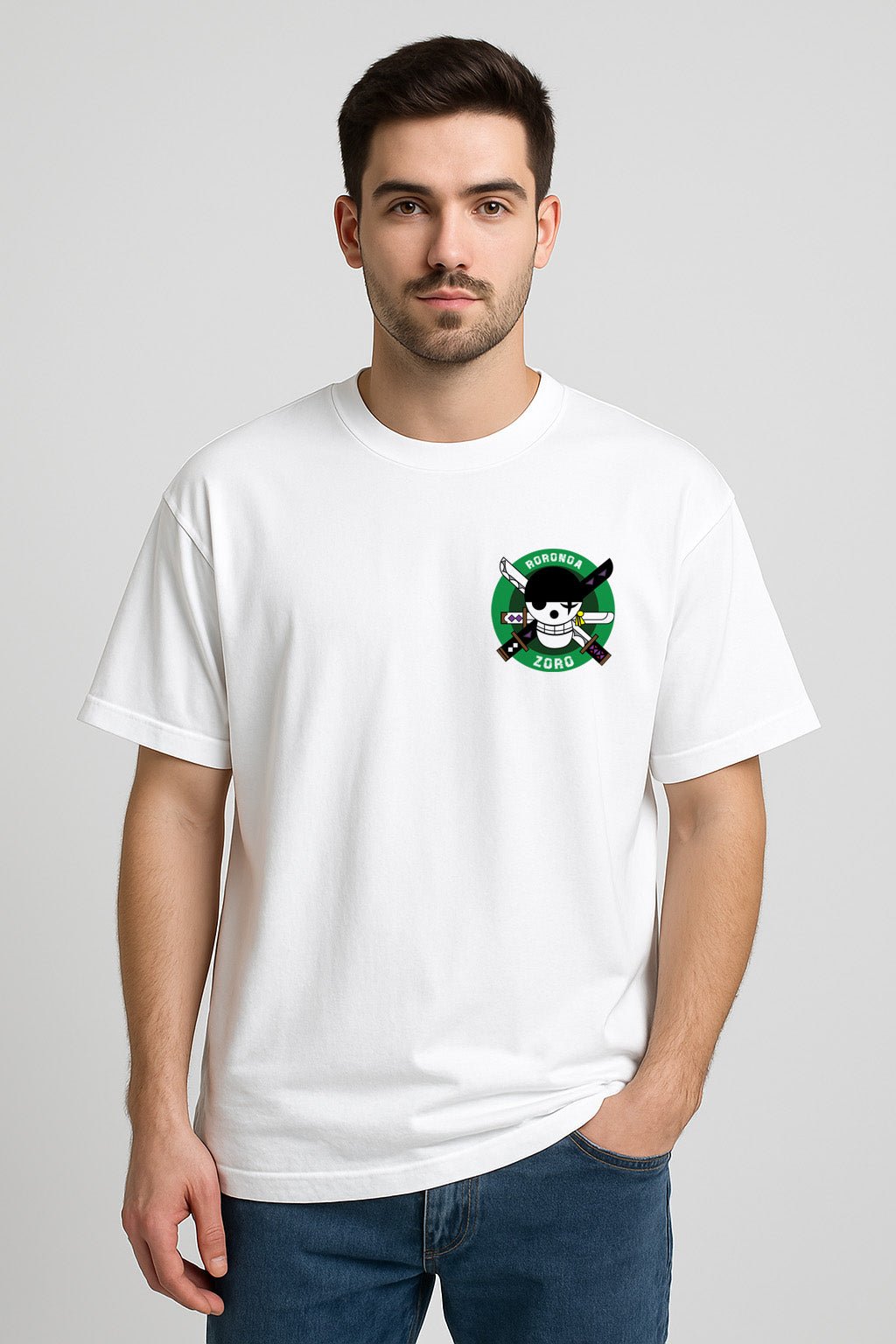 Roronoa Zoro One Piece oversized anime t-shirt front logo – pure cotton round neck streetwear
