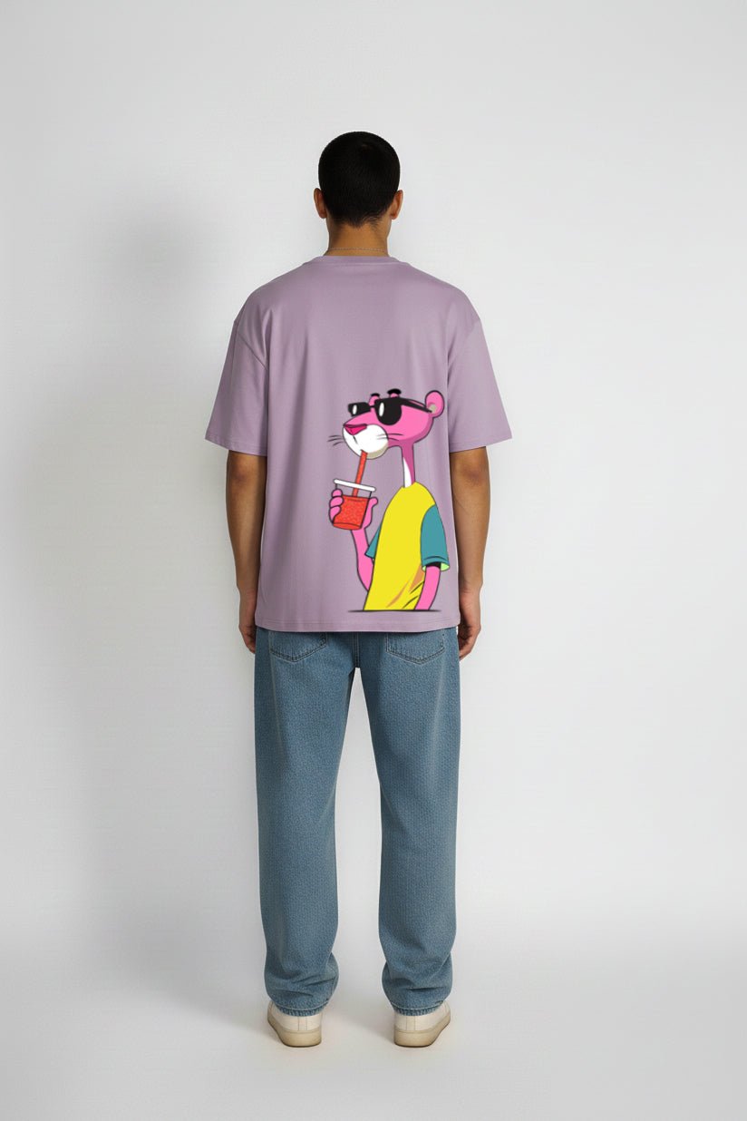 Close-up back view of Serial Chiller oversized lavender T-shirt featuring a cool pink character print