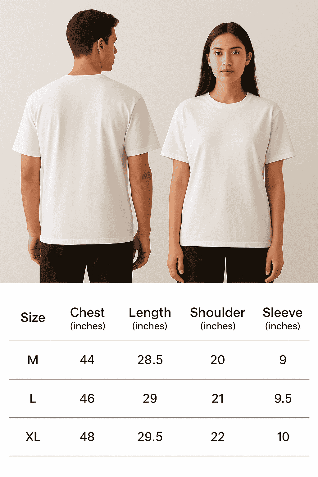 Size chart for oversized t-shirt – M, L, XL measurements