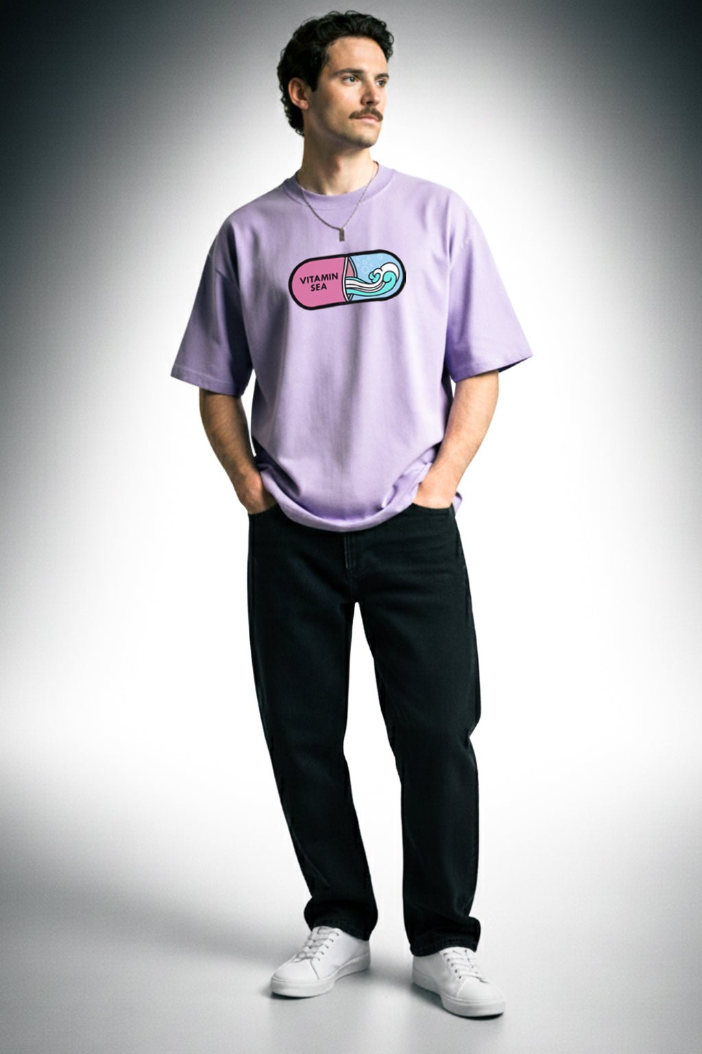 Oversized Vitamin Sea lavender t-shirt for men and women styled as beachwear and Goa vacation outfit with relaxed streetwear fit