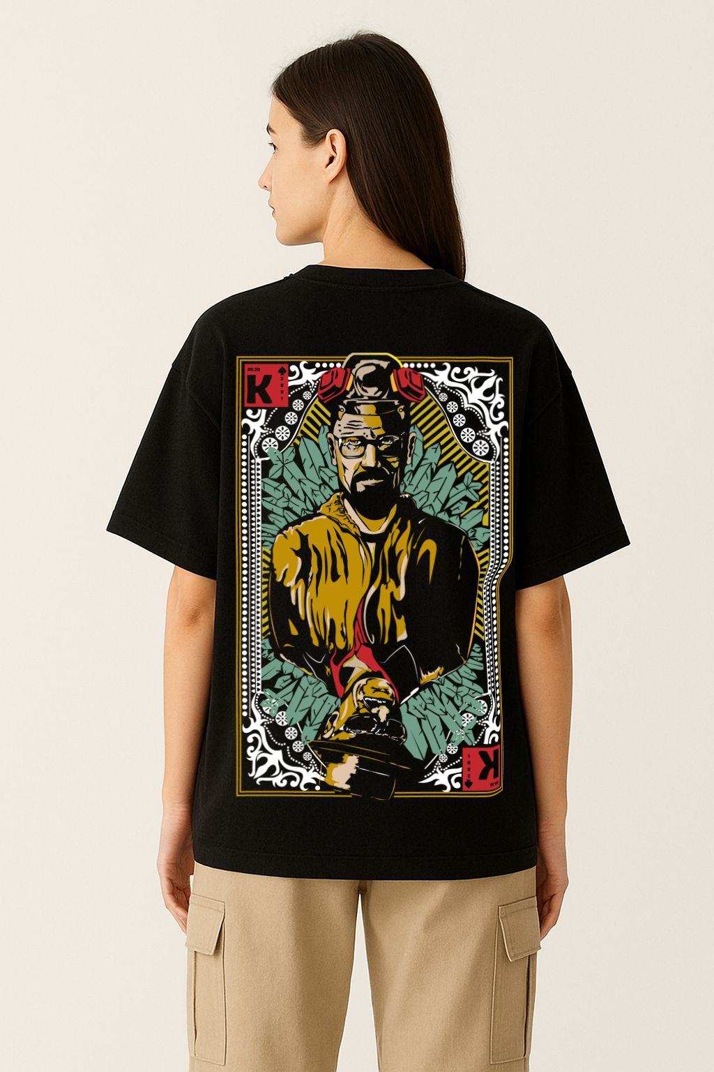 Oversized women’s cotton t-shirt featuring Walter White Heisenberg graphic back print inspired by Breaking Bad