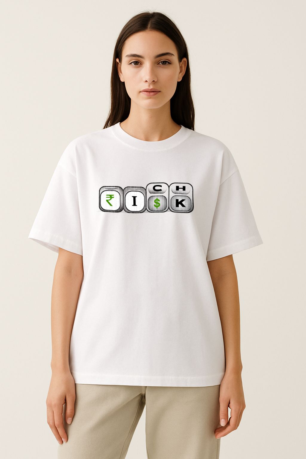 Bold oversized t-shirt with Rich Risk motivational typography design