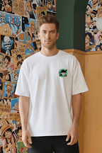 Front close-up of Zoro One Piece oversized T-shirt with chest logo prin