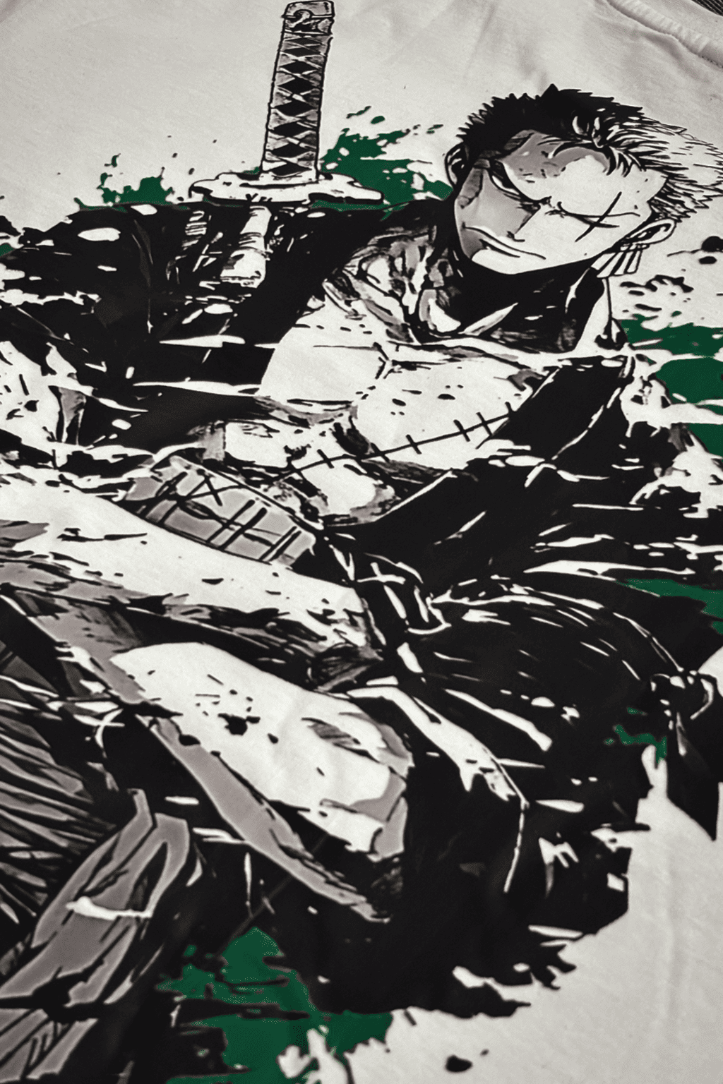 Comic book-style illustration of a character with a sword on a white background