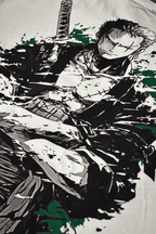 Comic book-style illustration of a character with a sword on a white background